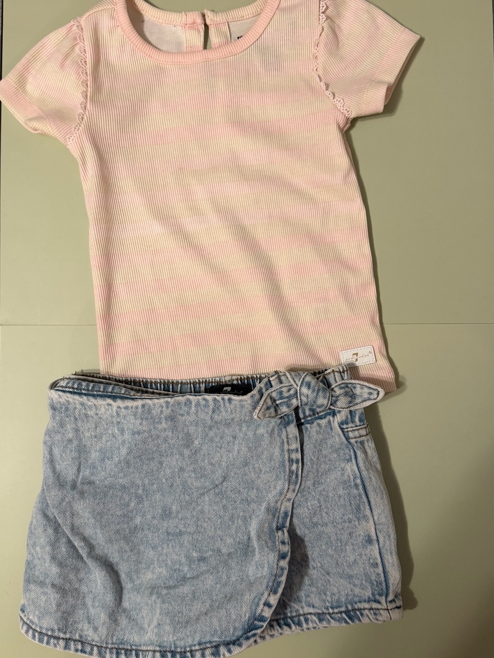 7 For All Mankind Pink Ribbed Short Sleeve Top with Light Blue Denim Skirt